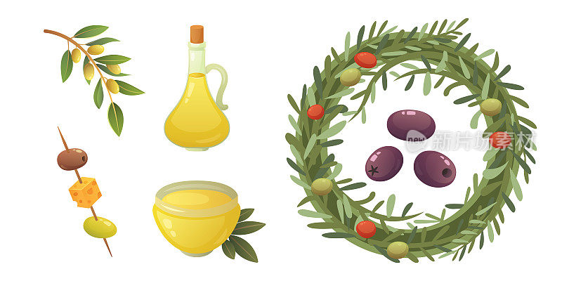 Set olives fruit. Olive oil bottle, tree branch, and rosemary wreath vector illustration in cartoon style.